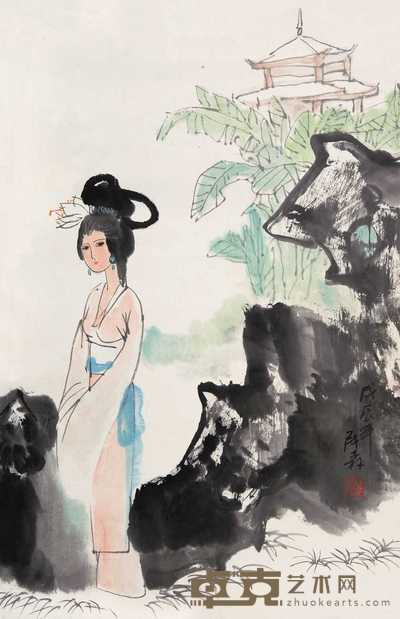 盖茂森 1988年作 蕉荫仕女 立轴 66×42cm